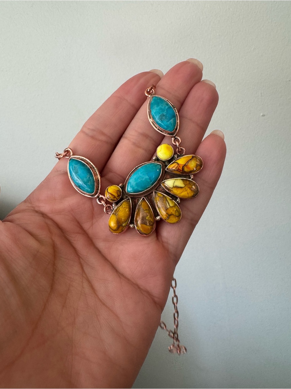 COPPER NECKLACE WITH GENUINE  HONEY DAHLIA AND TURQUOISE PENDANT